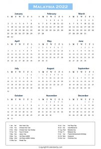 Free Printable Malaysia Calendar 2022 with Holidays