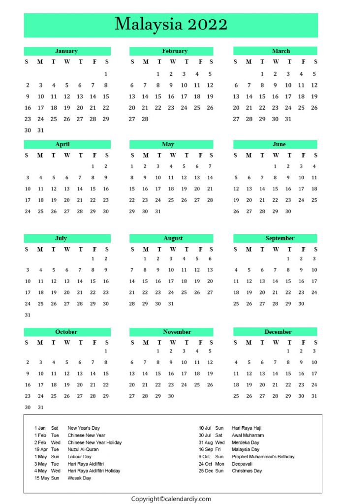 Malaysia Calendar 2022 With Holidays