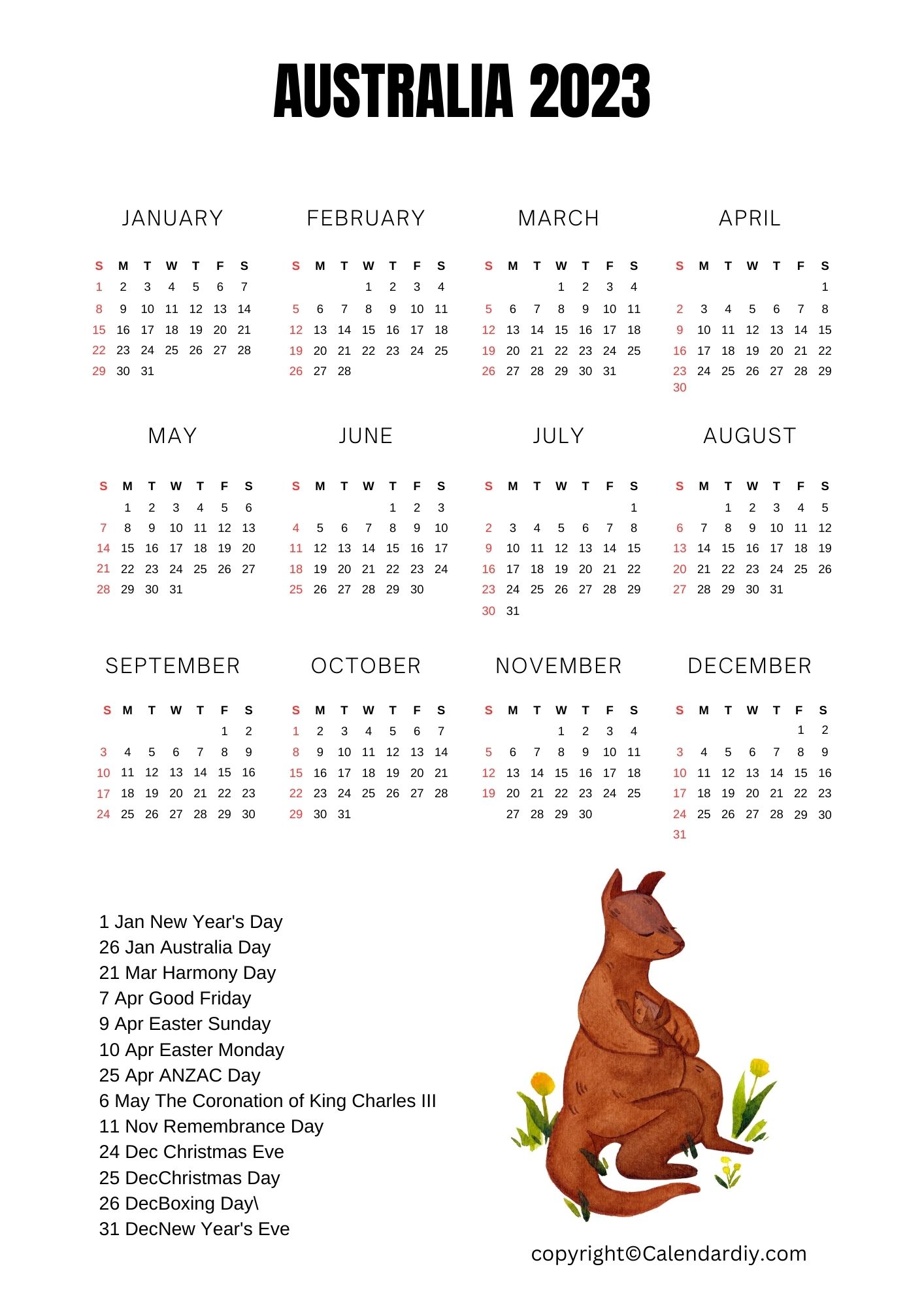 Australia 2023 Printable Calendar