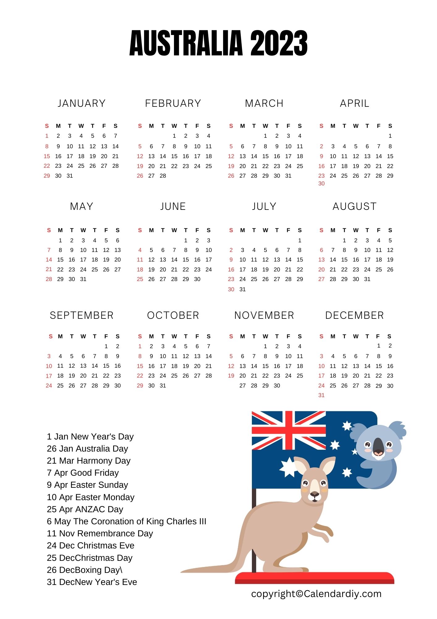 Australia 2023 Calendar with Holidays Template PDF