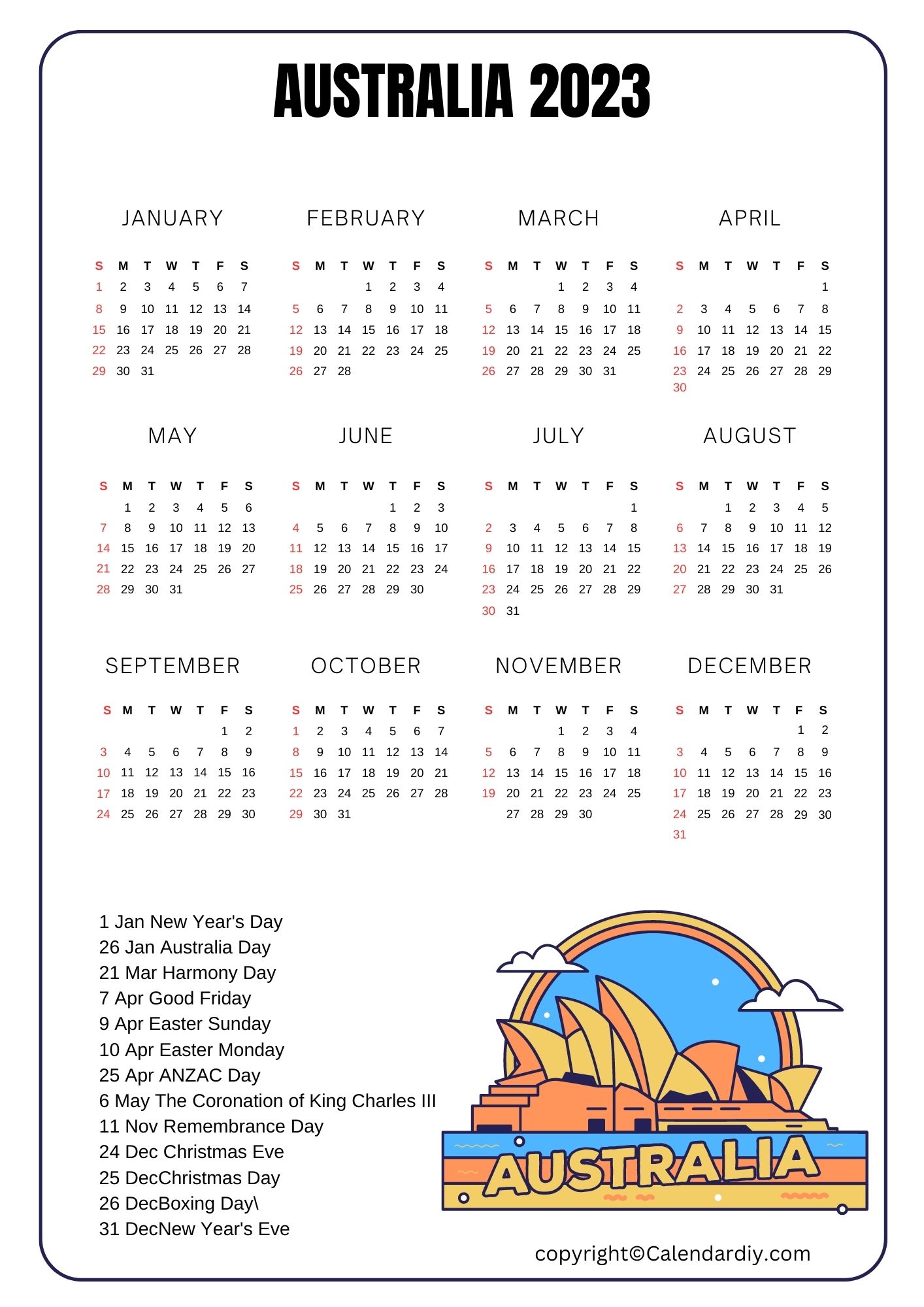Australia 2023 Calendar With Holidays