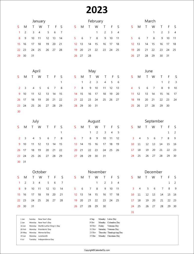 Calendar 2023 Holidays USA