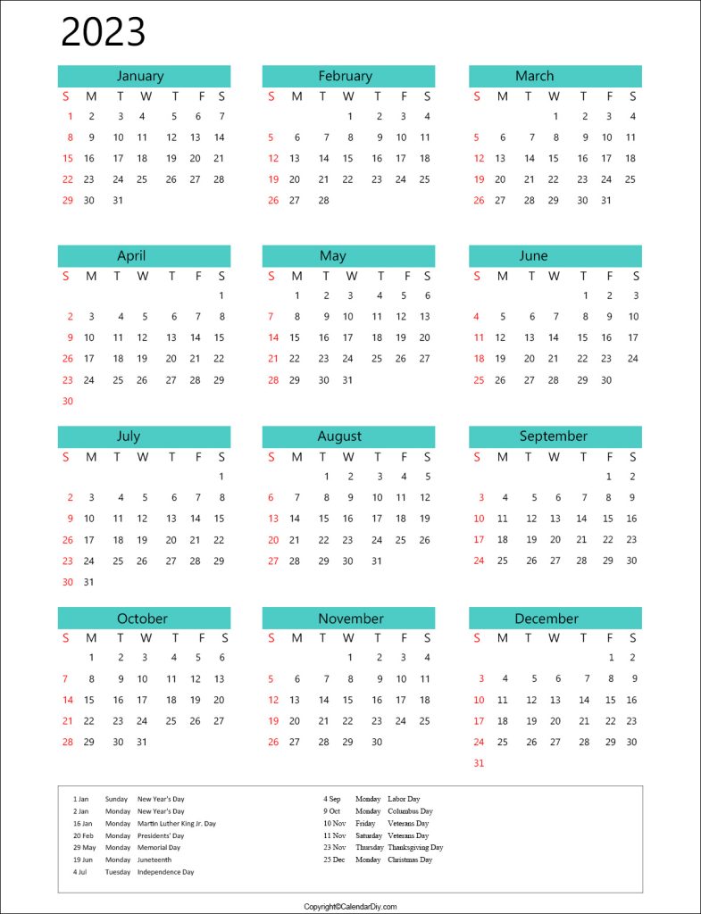 Calendar 2023 Holidays USA