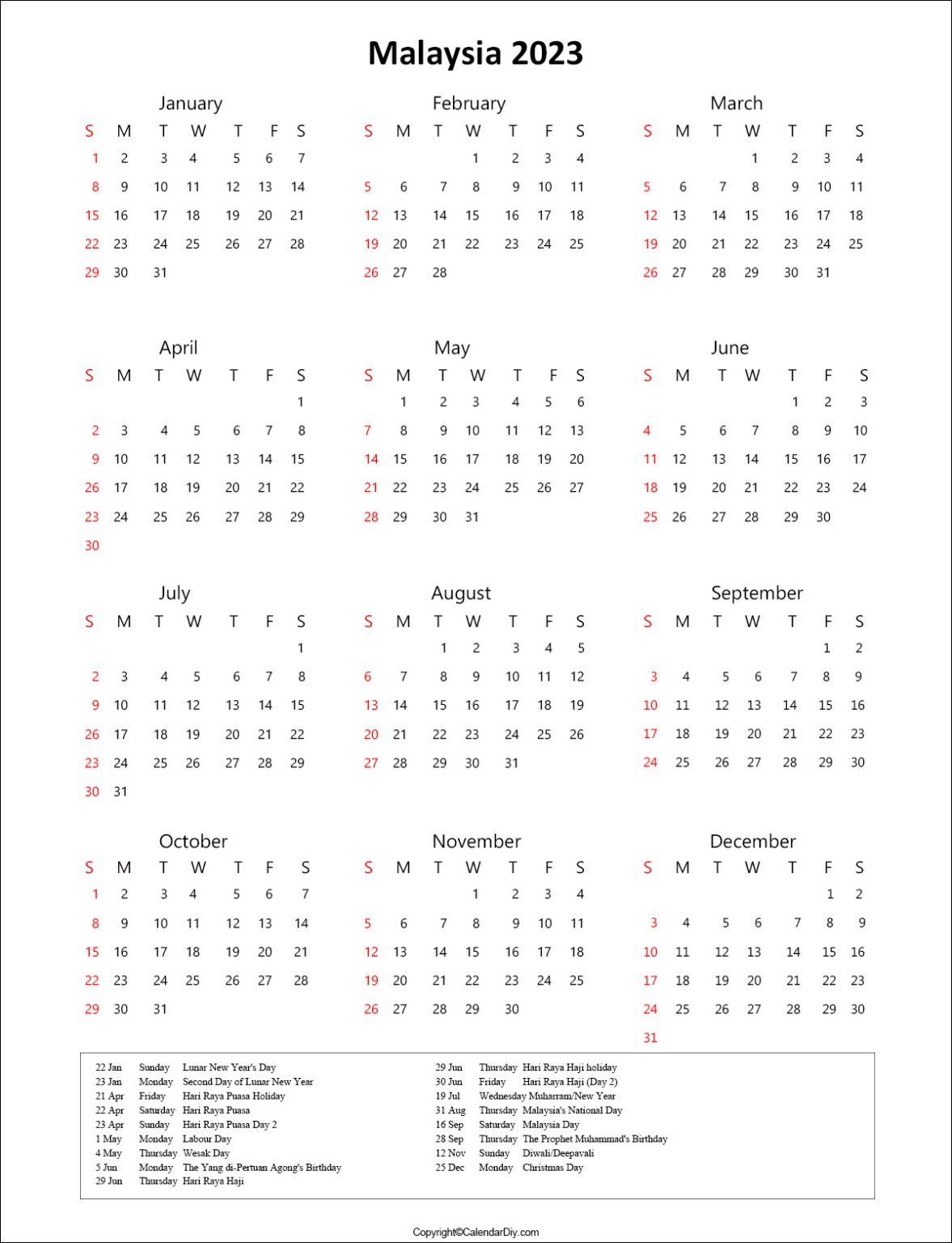 Malaysia Calendar 2023 with Holidays [Public Holidays]