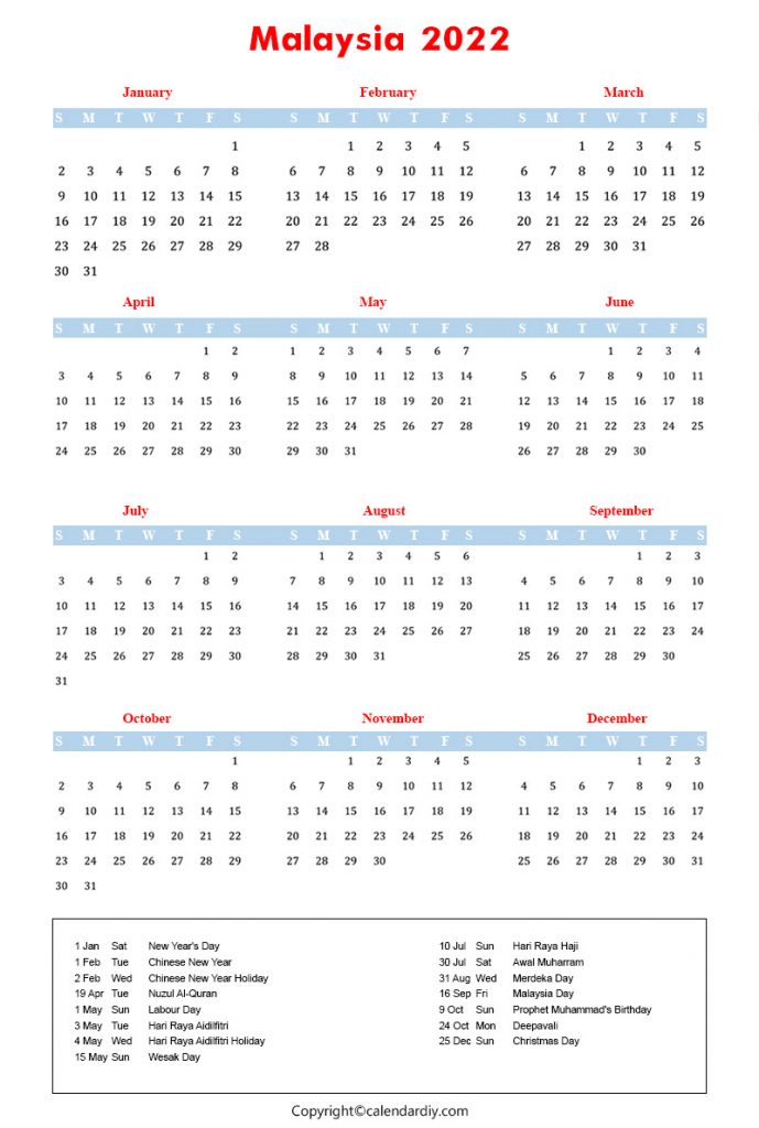 Malaysia Calendar 2022 with Holidays