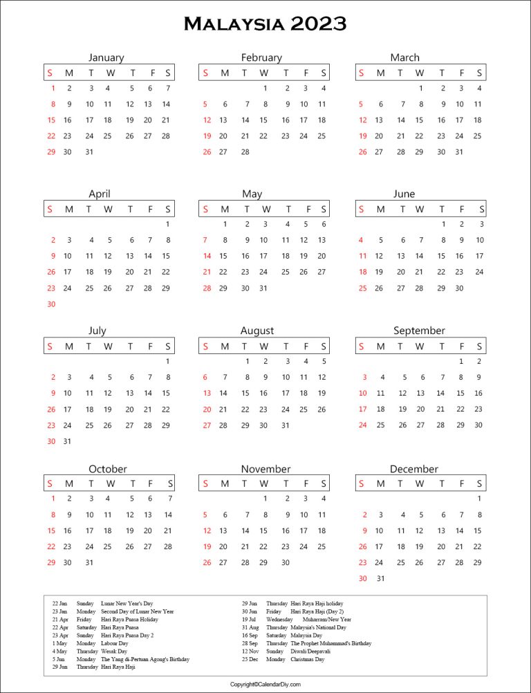 Malaysia Calendar 2023 with Holidays [Public Holidays]