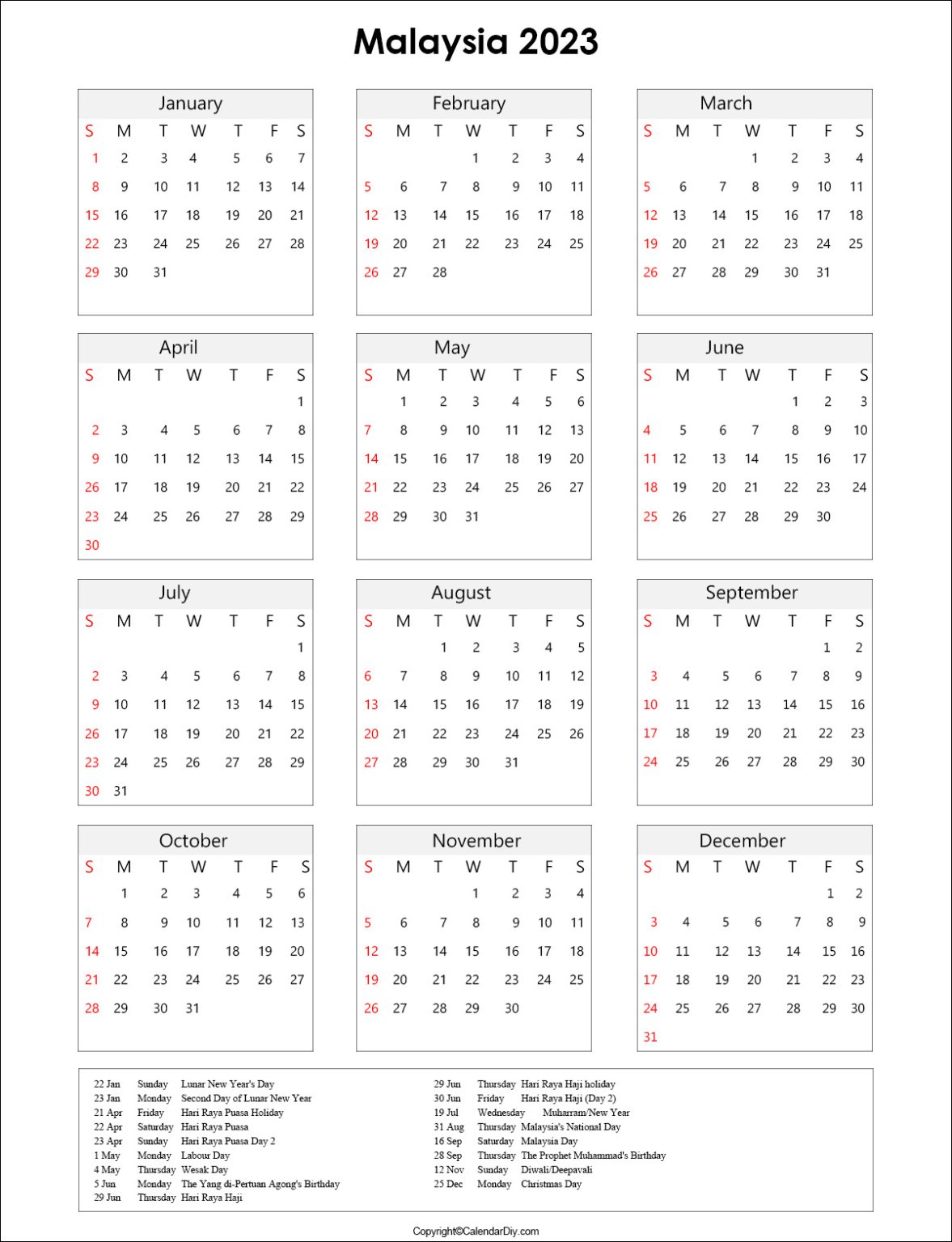 Malaysia Calendar 2023 with Holidays [Public Holidays]