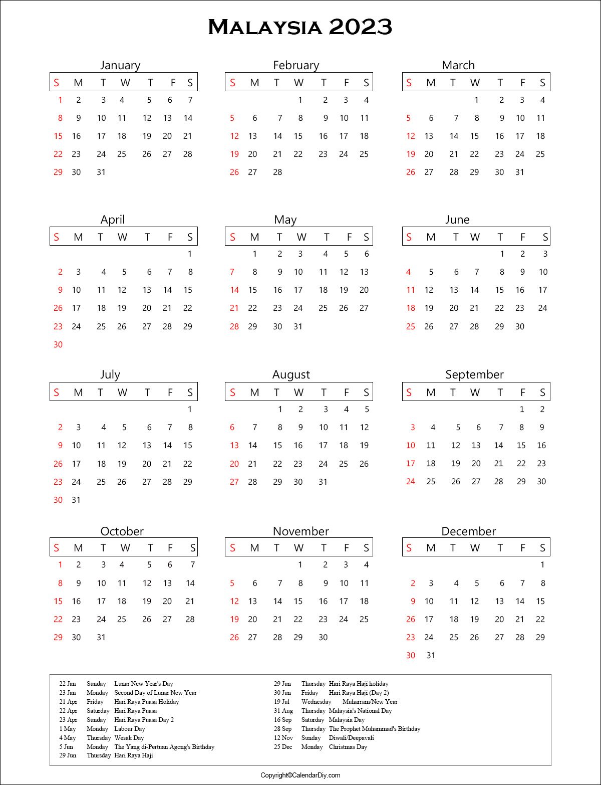 Malaysia Calendar 2023 with Holidays [Public Holidays]