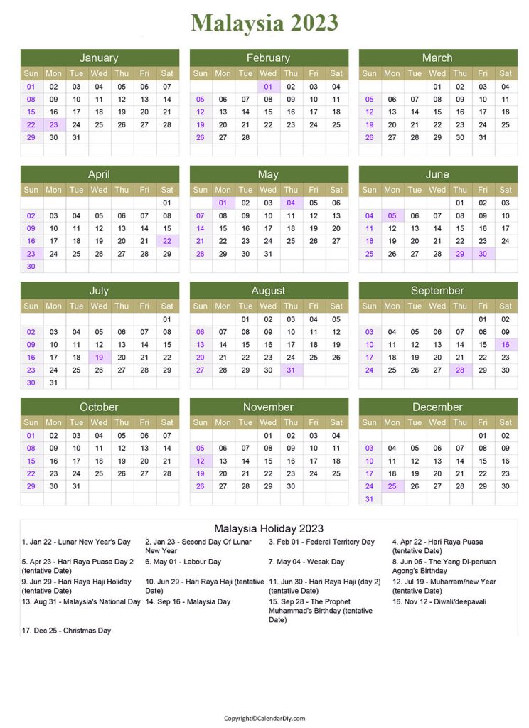 Malaysia Holiday Calendar 2023 Printable