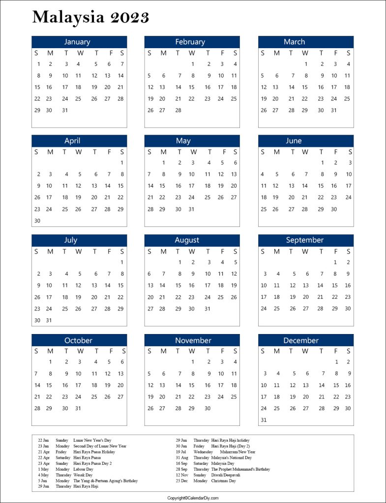 Malaysia Calendar 2023 with Holidays