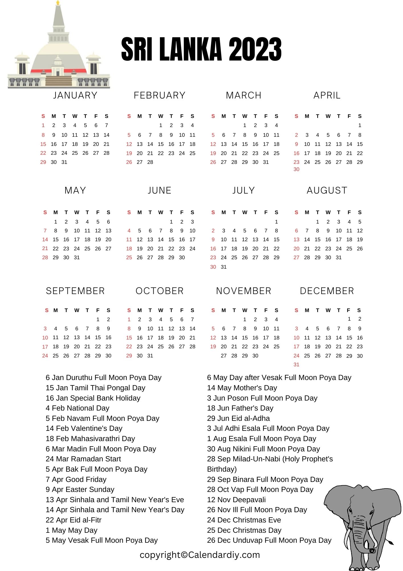 2023 Sri Lanka Holidays Calendar