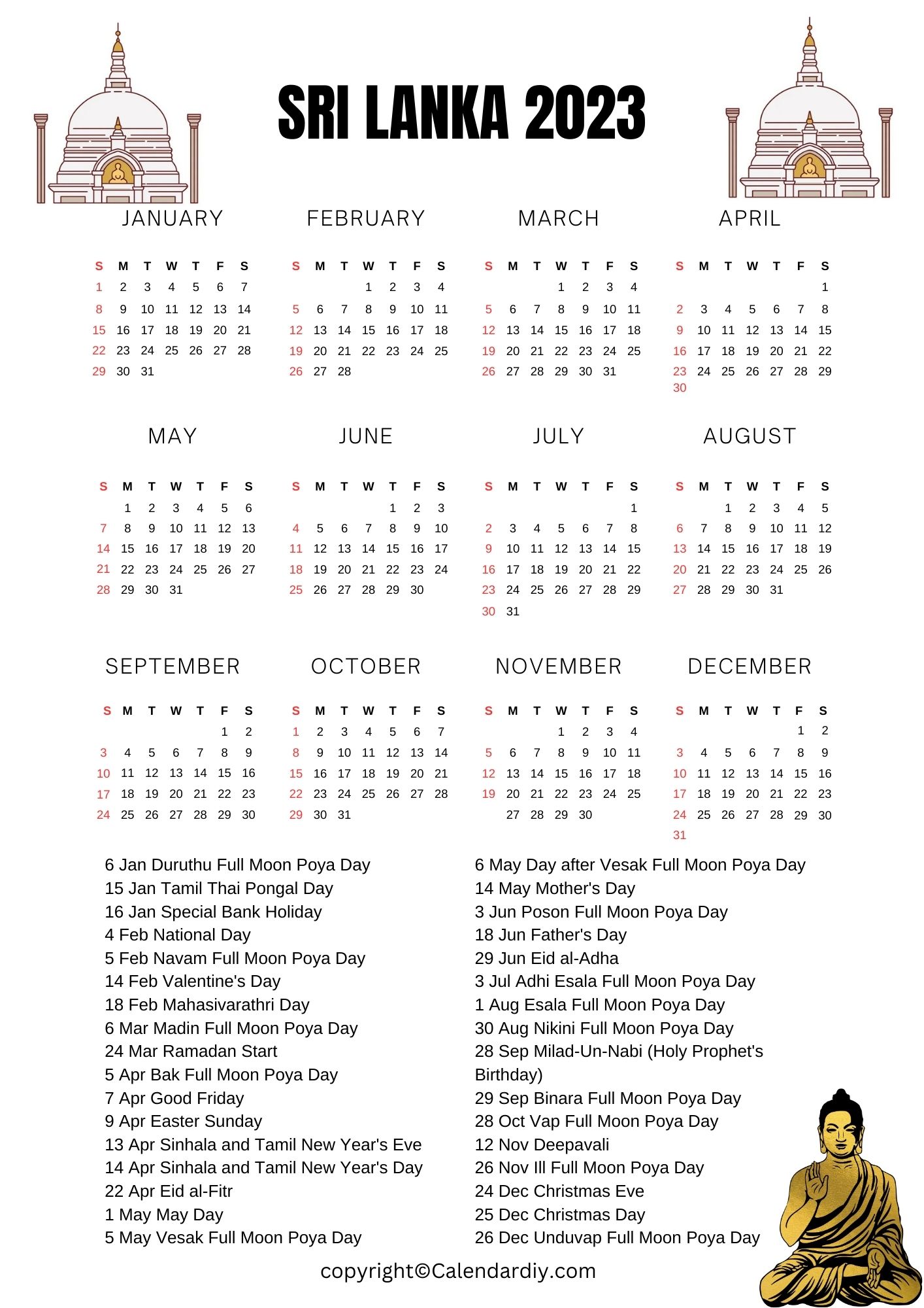 Sri Lanka 2023 Calendar Printable