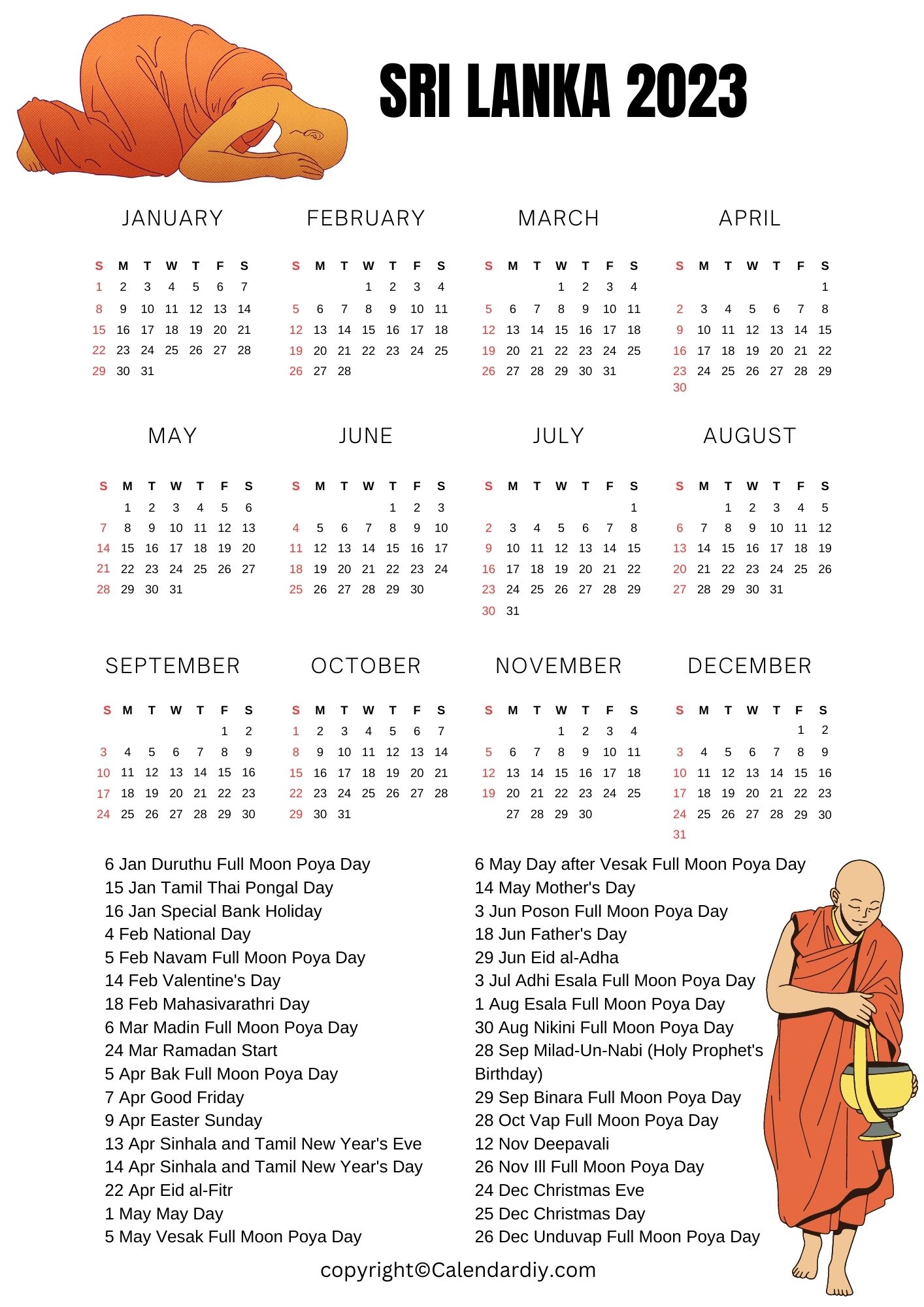 Sri Lanka 2023 Calendar with Public Holidays in PDF