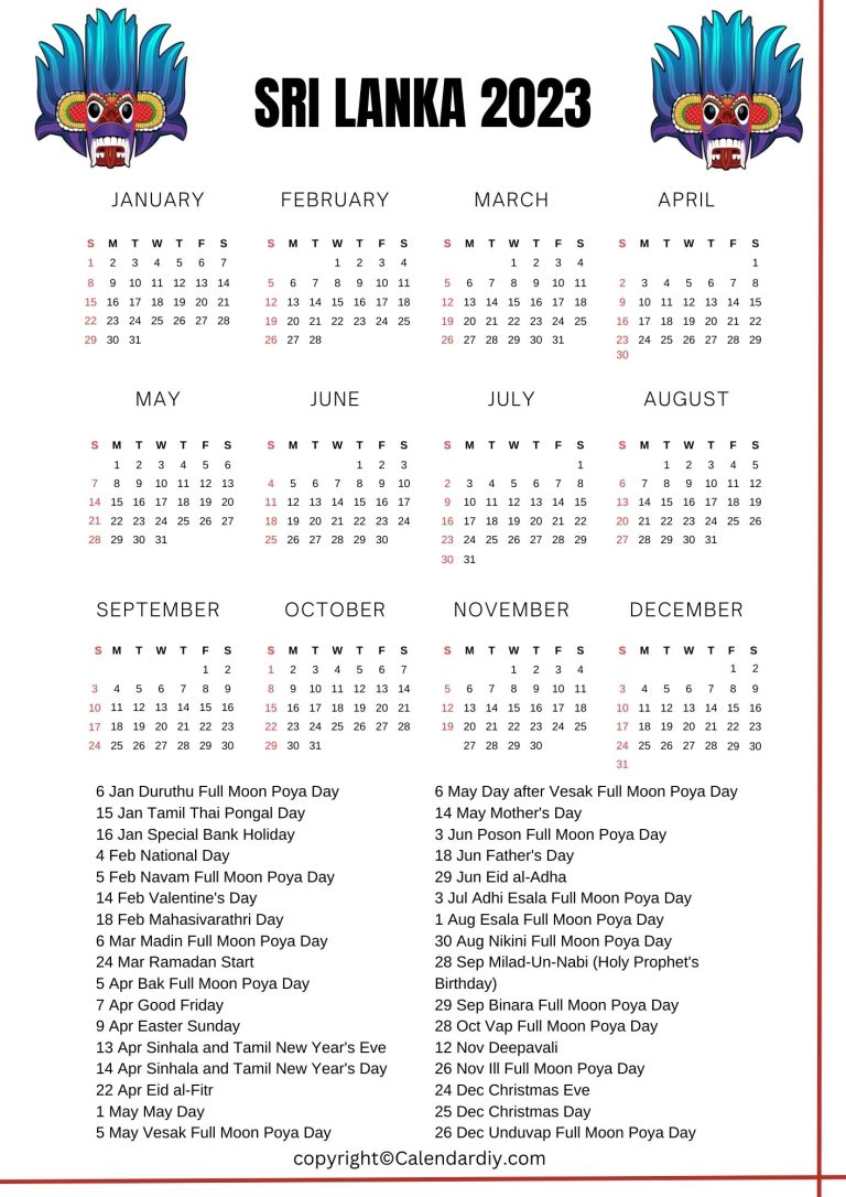 Sri Lanka 2023 Calendar with Public Holidays in PDF