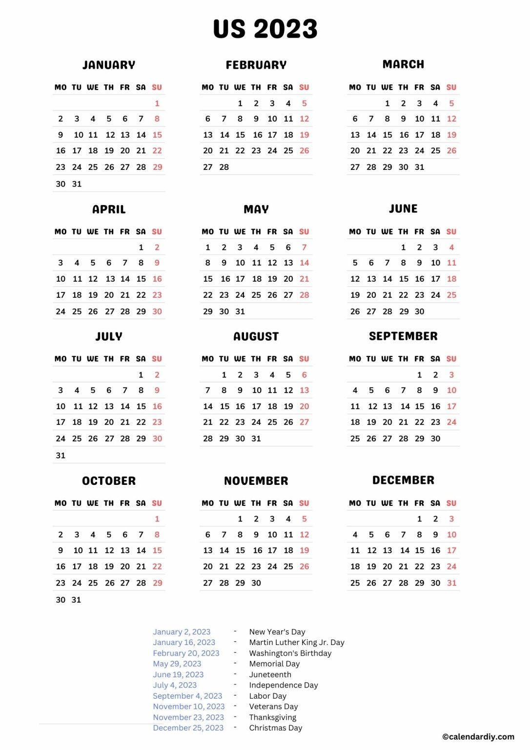 USA Public Holidays 2023 Calendar | USA Holidays 2023