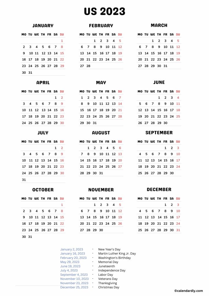 US Holidays 2023 Calendar
