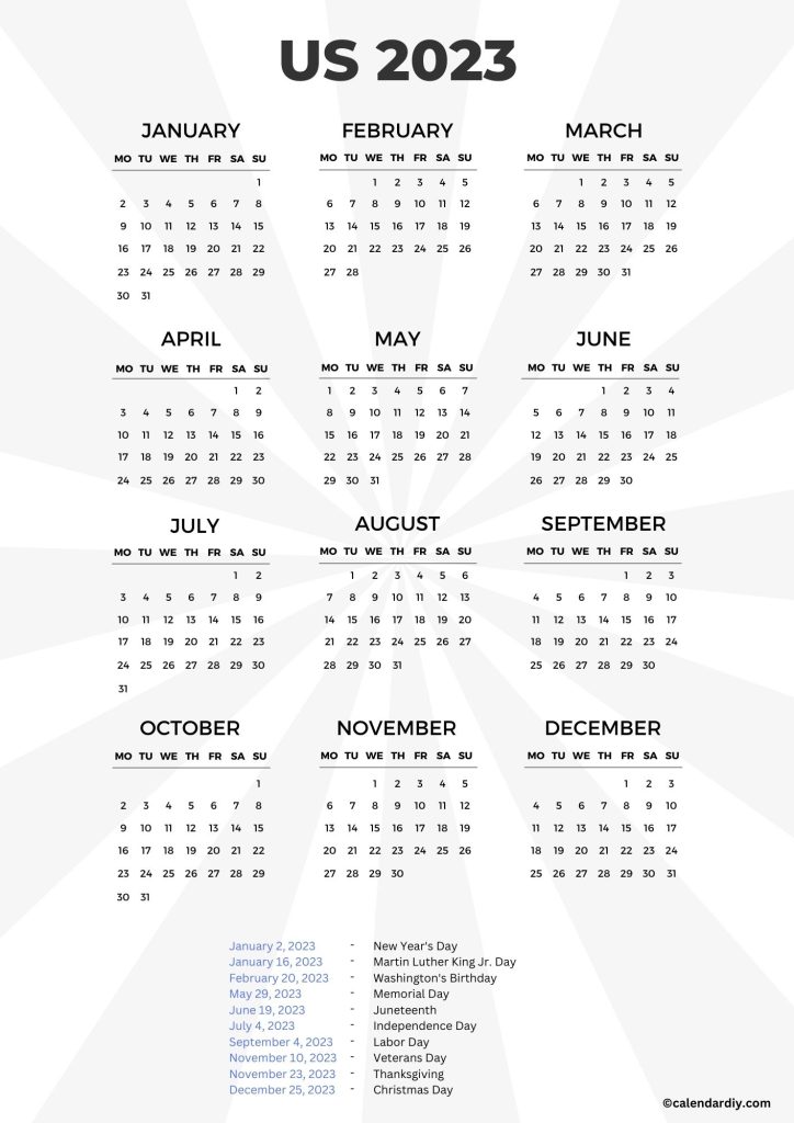 US Public Holidays Calendar Printable
