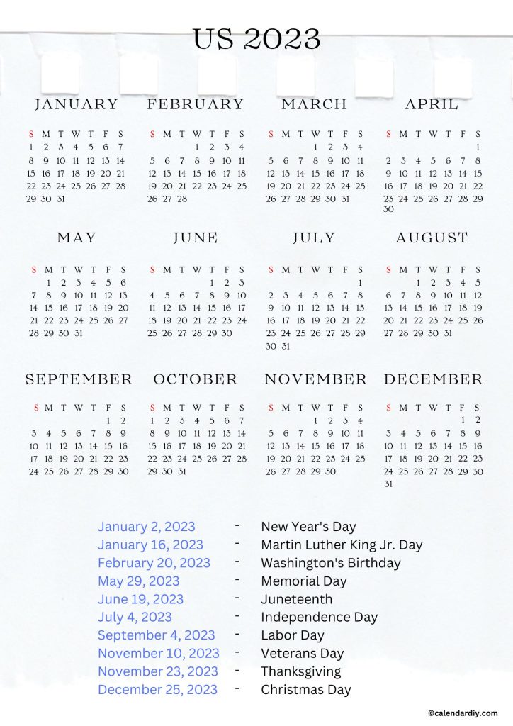 US 2023 Printable Calendar