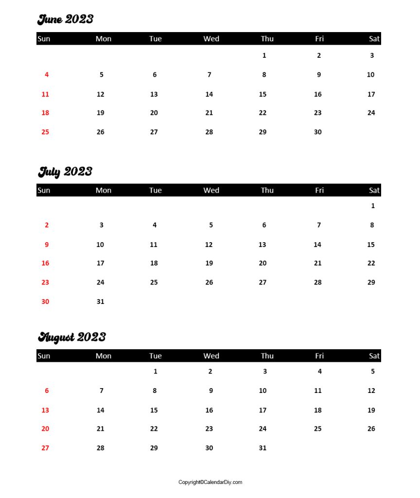 June July August Calendar 2023