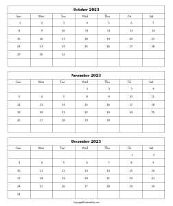 October November December Calendar 2023 Template in pdf