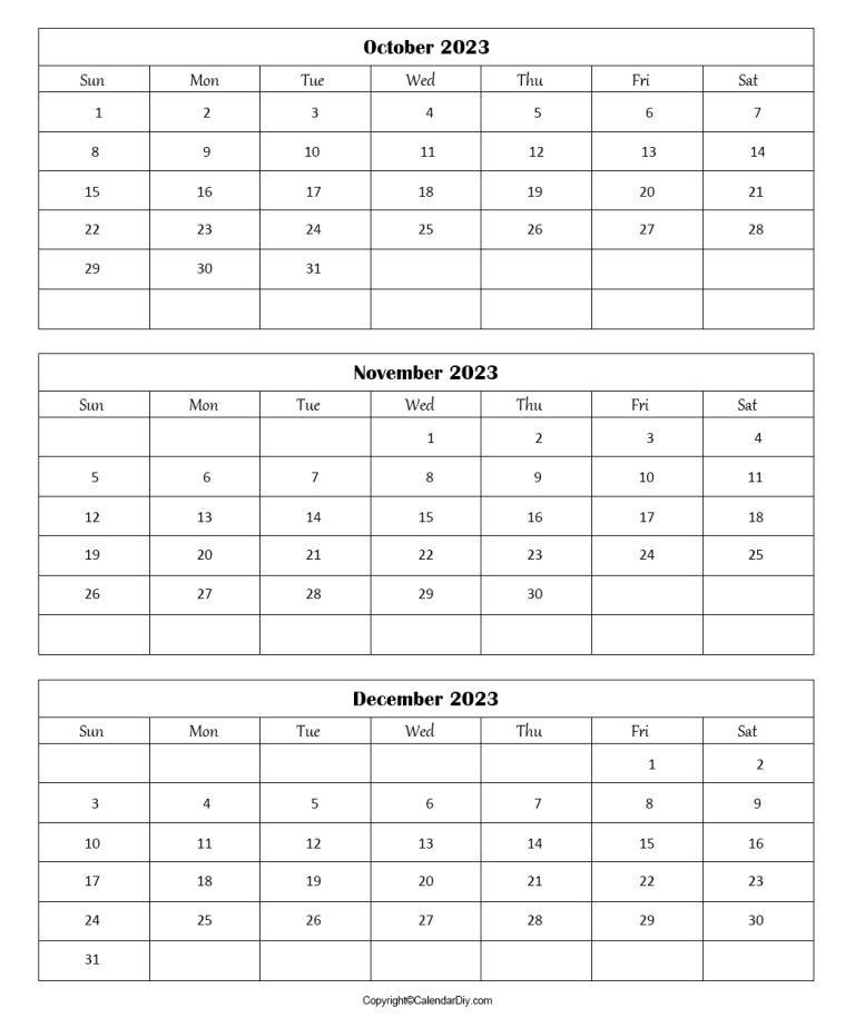 October November December Calendar 2023 Template in pdf