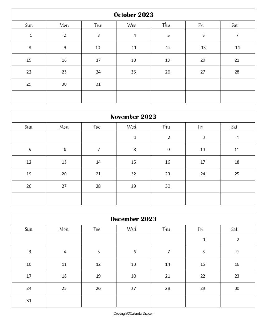 October November December Calendar 2023