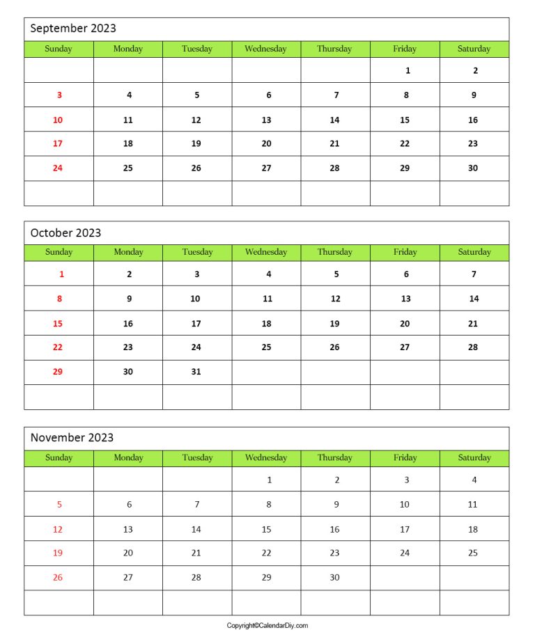 September October November Calendar 2023 Template in pdf