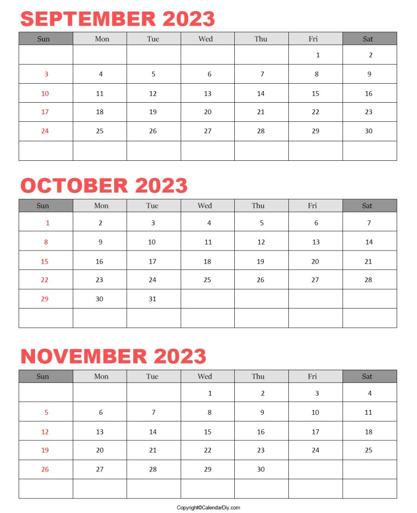 September October November Calendar 2023