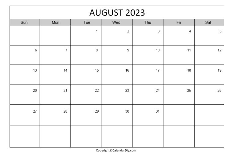 August Calendar 2023 Printable [Free Blank Pdf]