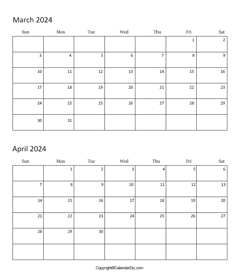March April 2024 Calendar Printable 