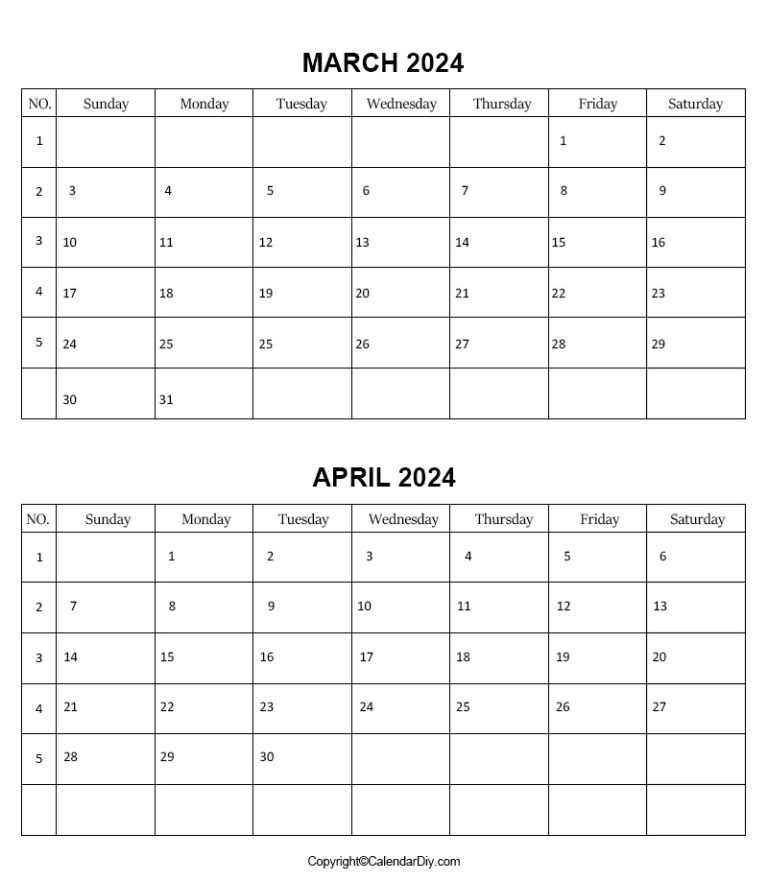 March April Calendar 2024 Printable Free Blank Template